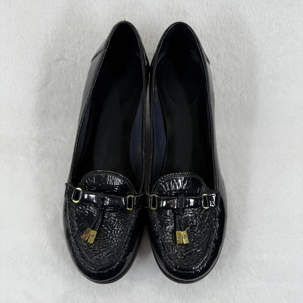 Lauren Ralph Lauren‎ Black Patent Leather Wedge Loafers with Gold Accents 8 READ